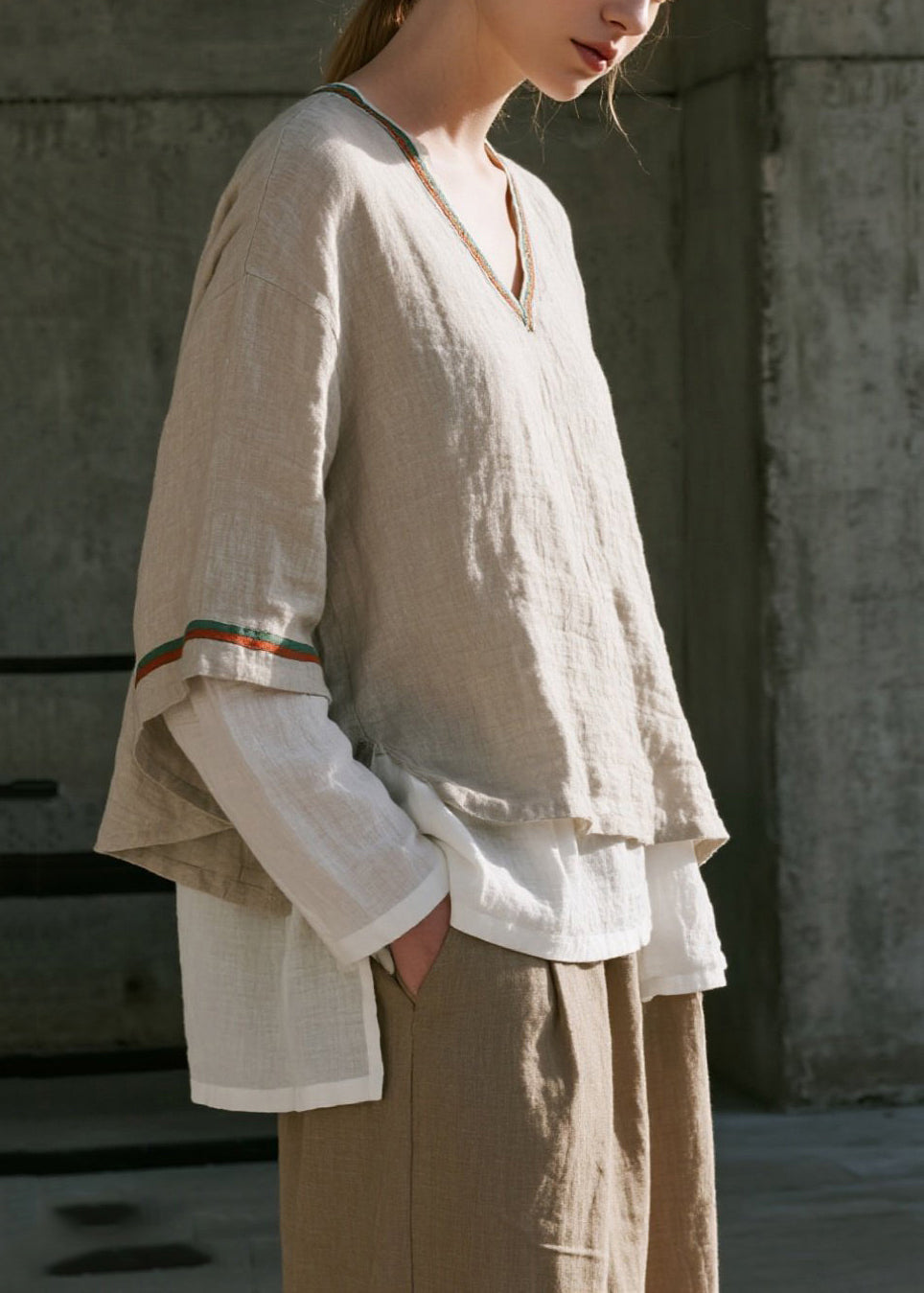 Casual Apricot Oversized Patchwork Cotton Fake Two Piece Shirts Spring