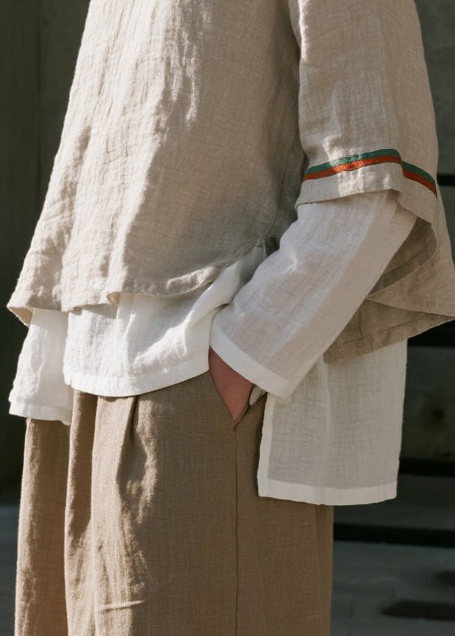 Casual Apricot Oversized Patchwork Cotton Fake Two Piece Shirts Spring