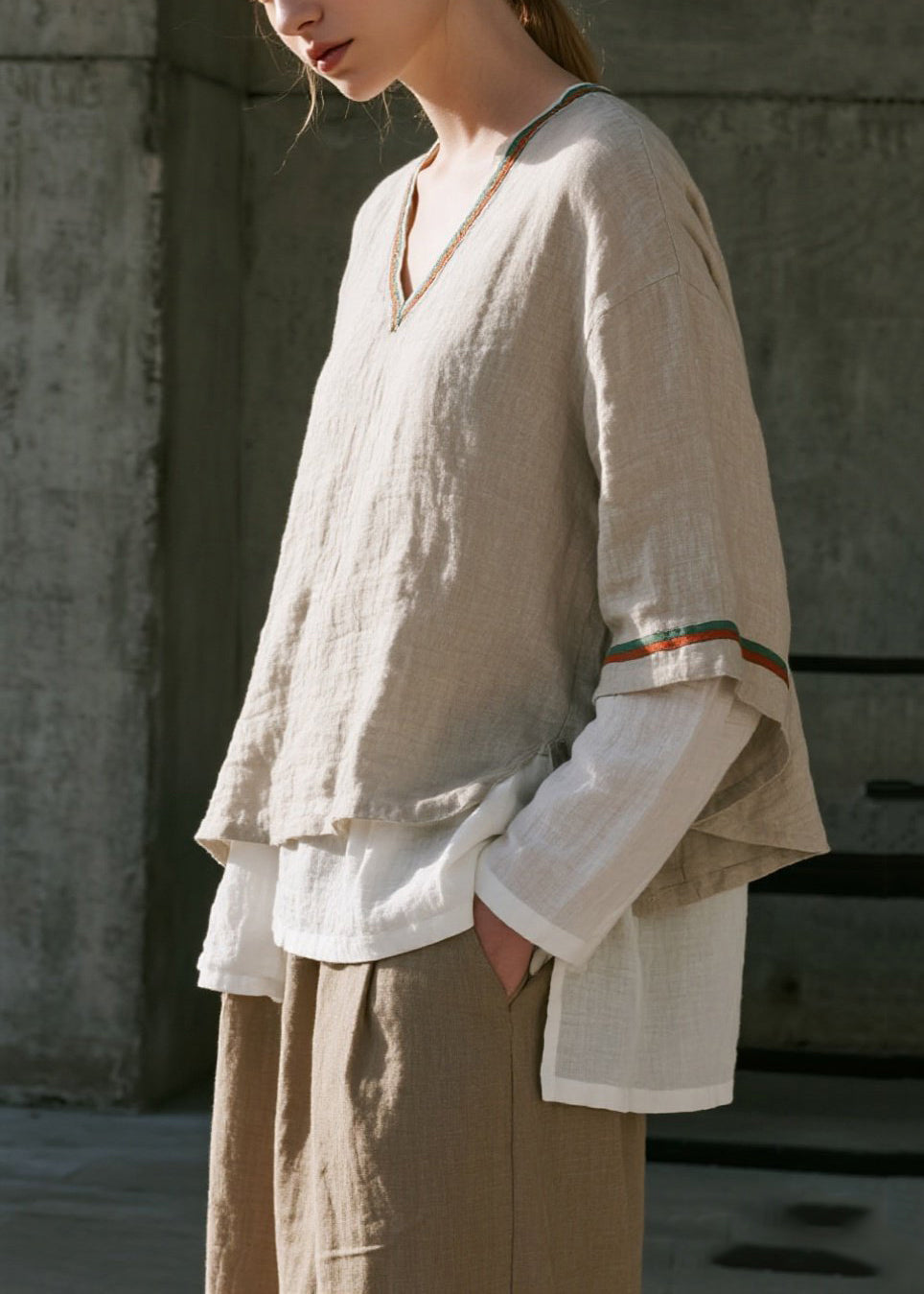 Casual Apricot Oversized Patchwork Cotton Fake Two Piece Shirts Spring