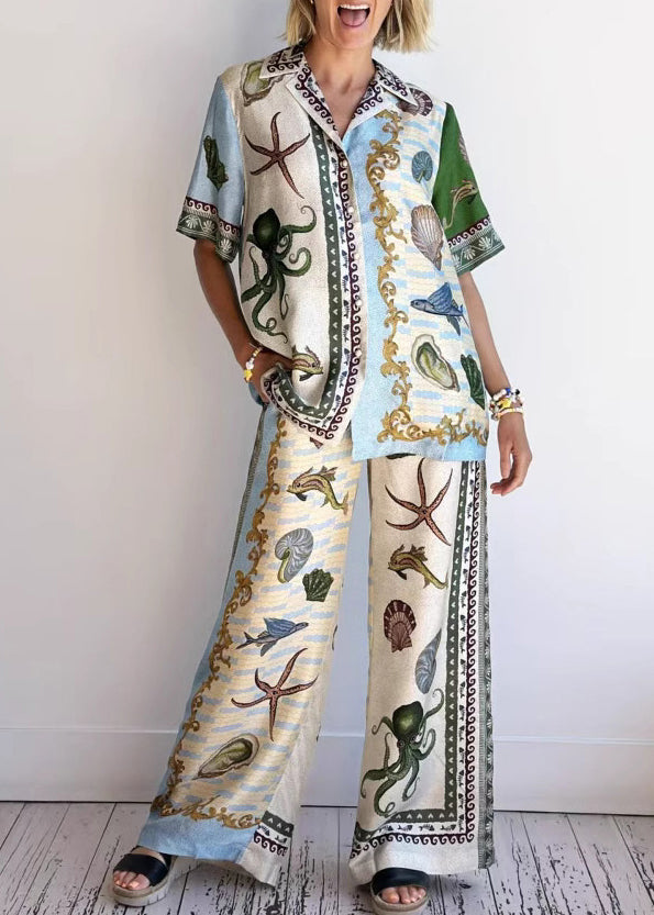 Casual Apricot Peter Pan Collar Button Shirts And Wide Leg Pants Two-Piece Set Summer