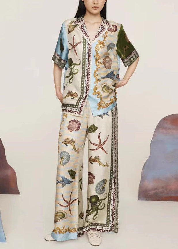 Casual Apricot Peter Pan Collar Button Shirts And Wide Leg Pants Two-Piece Set Summer