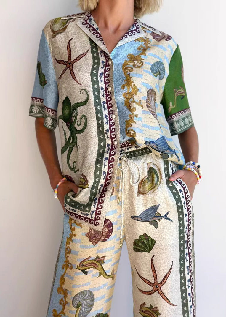 Casual Apricot Peter Pan Collar Button Shirts And Wide Leg Pants Two-Piece Set Summer