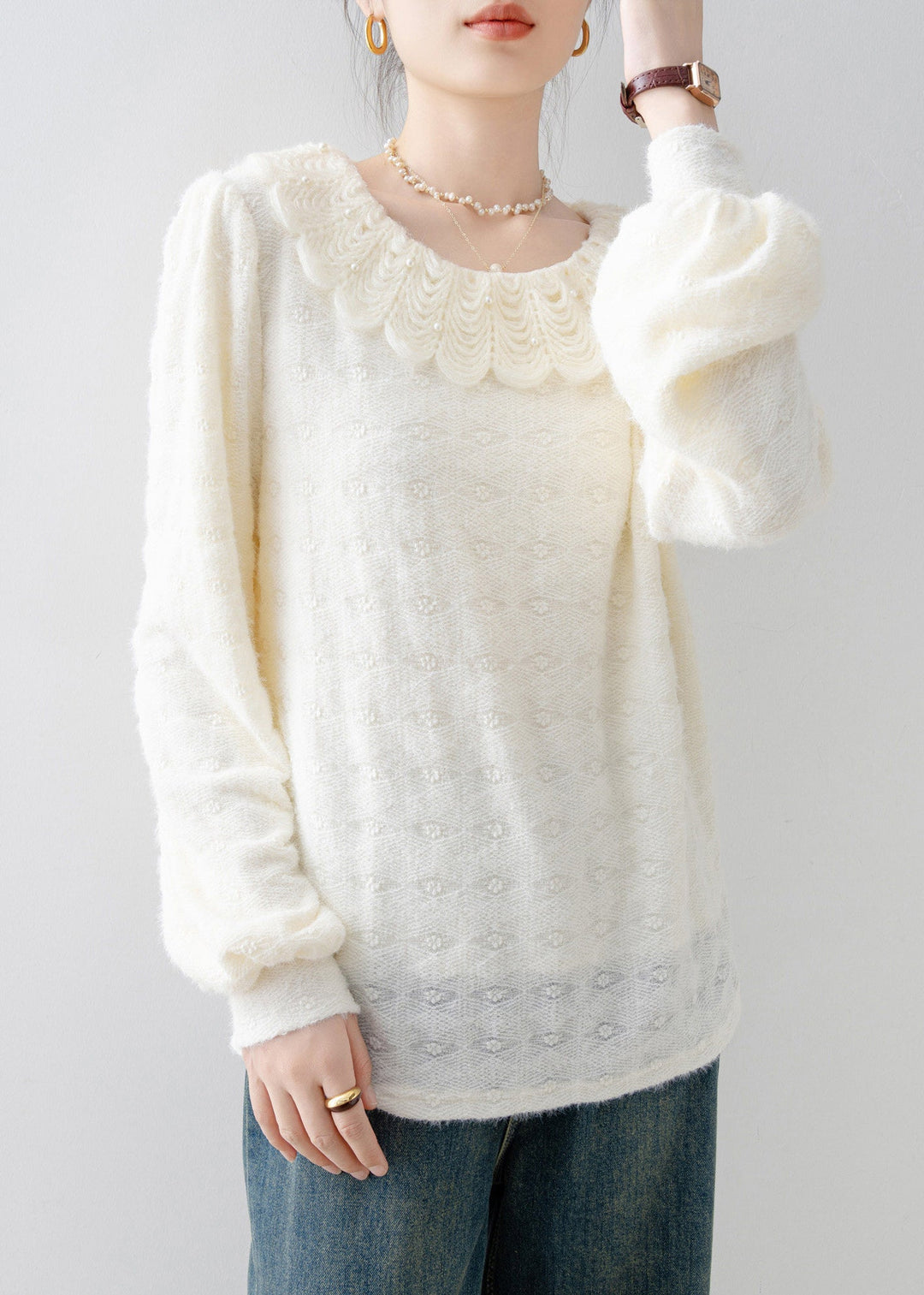 Casual Apricot Peter Pan Collar Nail Bead Lace Warm Fleece Shirts Fall