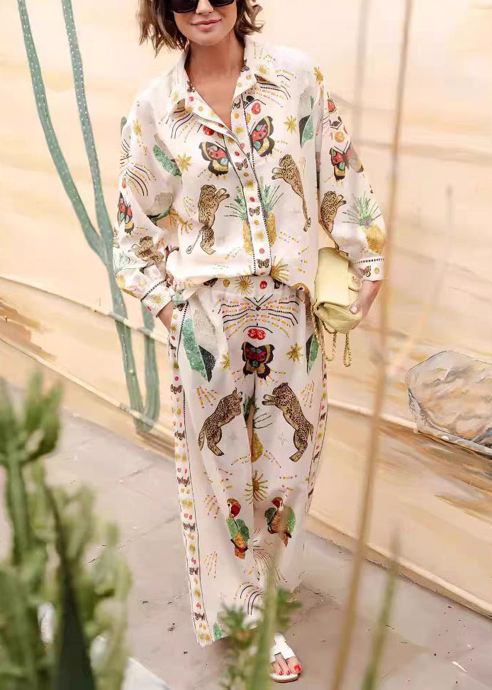 Casual Apricot Peter Pan Collar Tiger Print Shirts And Wide Leg Pants Two Piece Set Fall