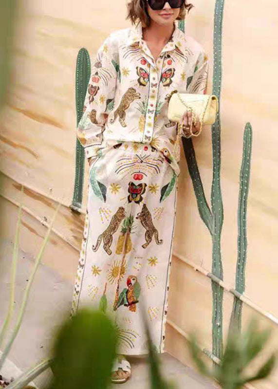 Casual Apricot Peter Pan Collar Tiger Print Shirts And Wide Leg Pants Two Piece Set Fall