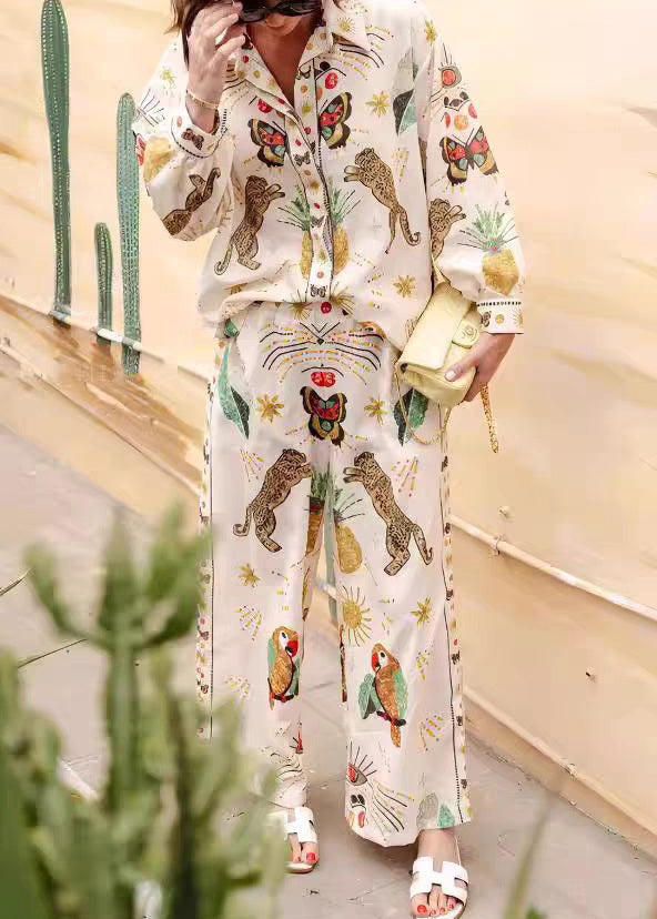 Casual Apricot Peter Pan Collar Tiger Print Shirts And Wide Leg Pants Two Piece Set Fall