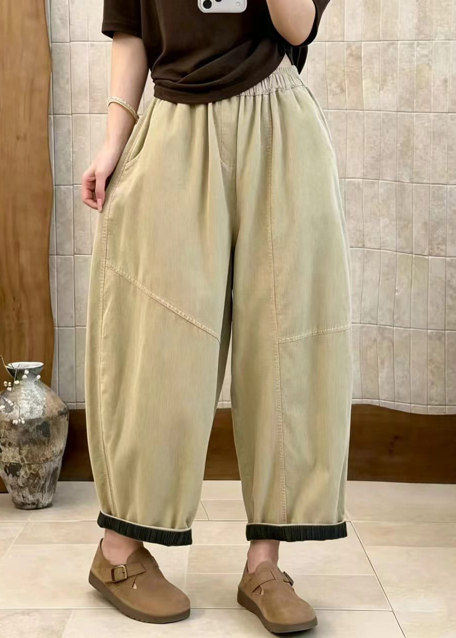 Casual Apricot Pockets High Waist Corduroy Crop Pants Fall