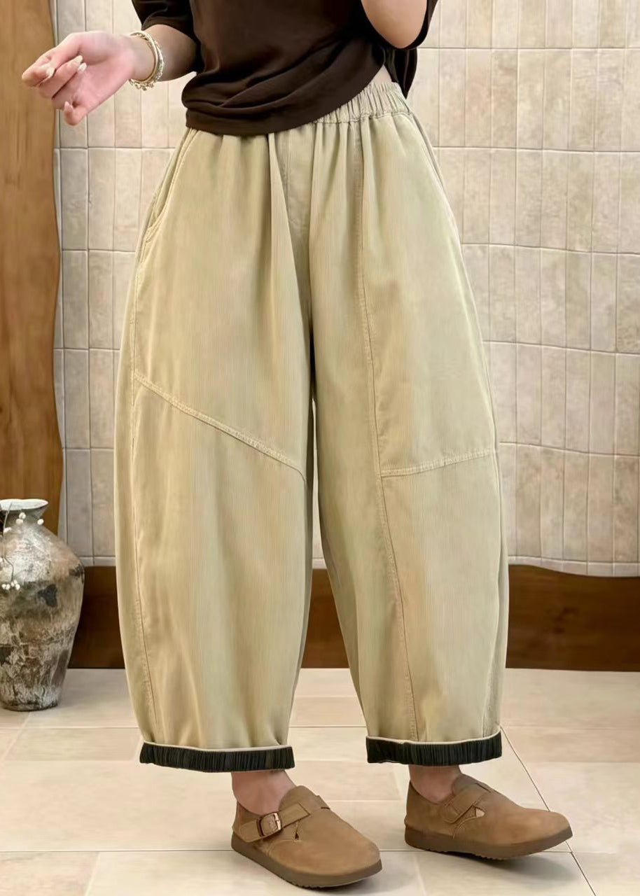 Casual Apricot Pockets High Waist Corduroy Crop Pants Fall
