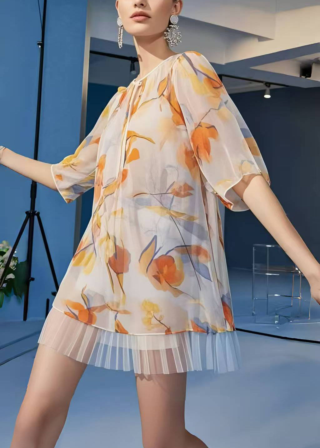 Casual Apricot Print Patchwork Chiffon Mini Dress Summer