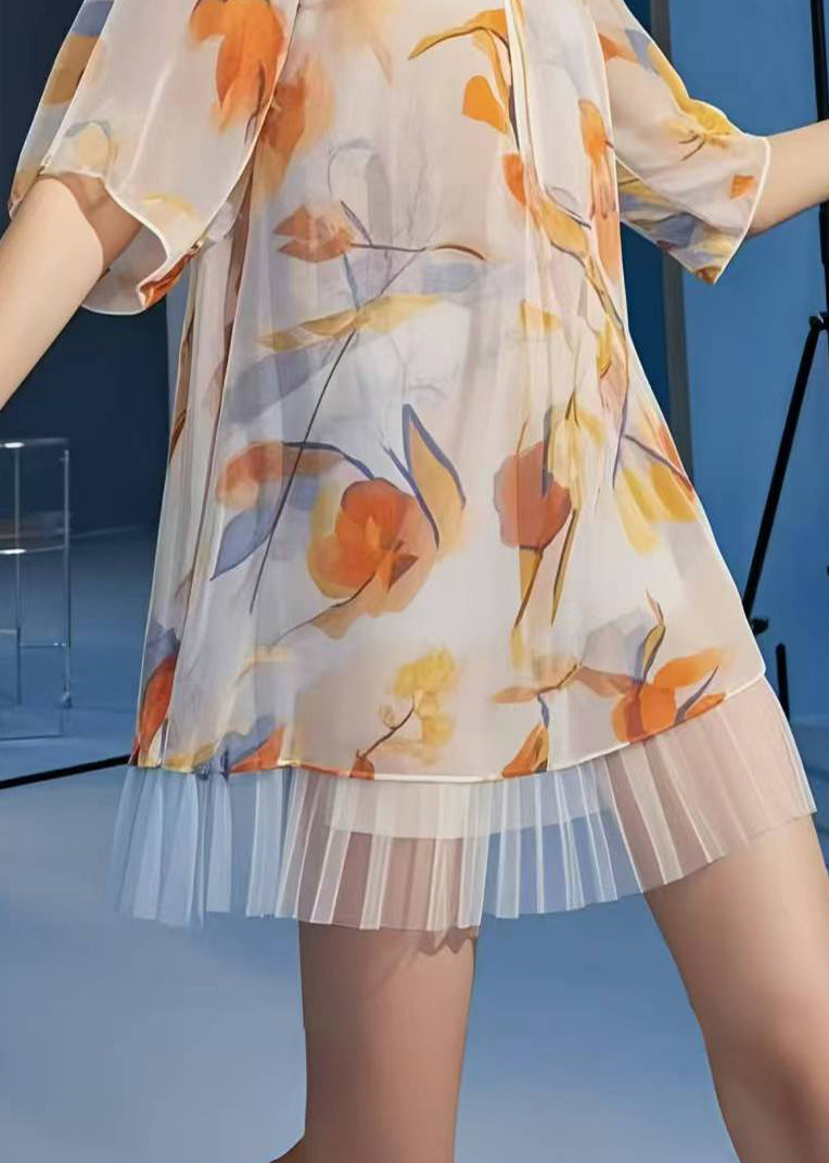 Casual Apricot Print Patchwork Chiffon Mini Dress Summer