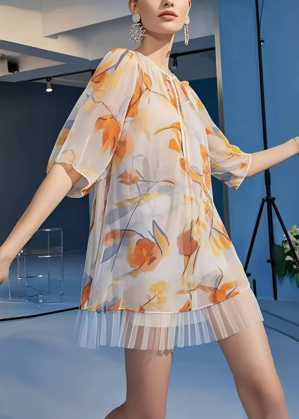 Casual Apricot Print Patchwork Chiffon Mini Dress Summer