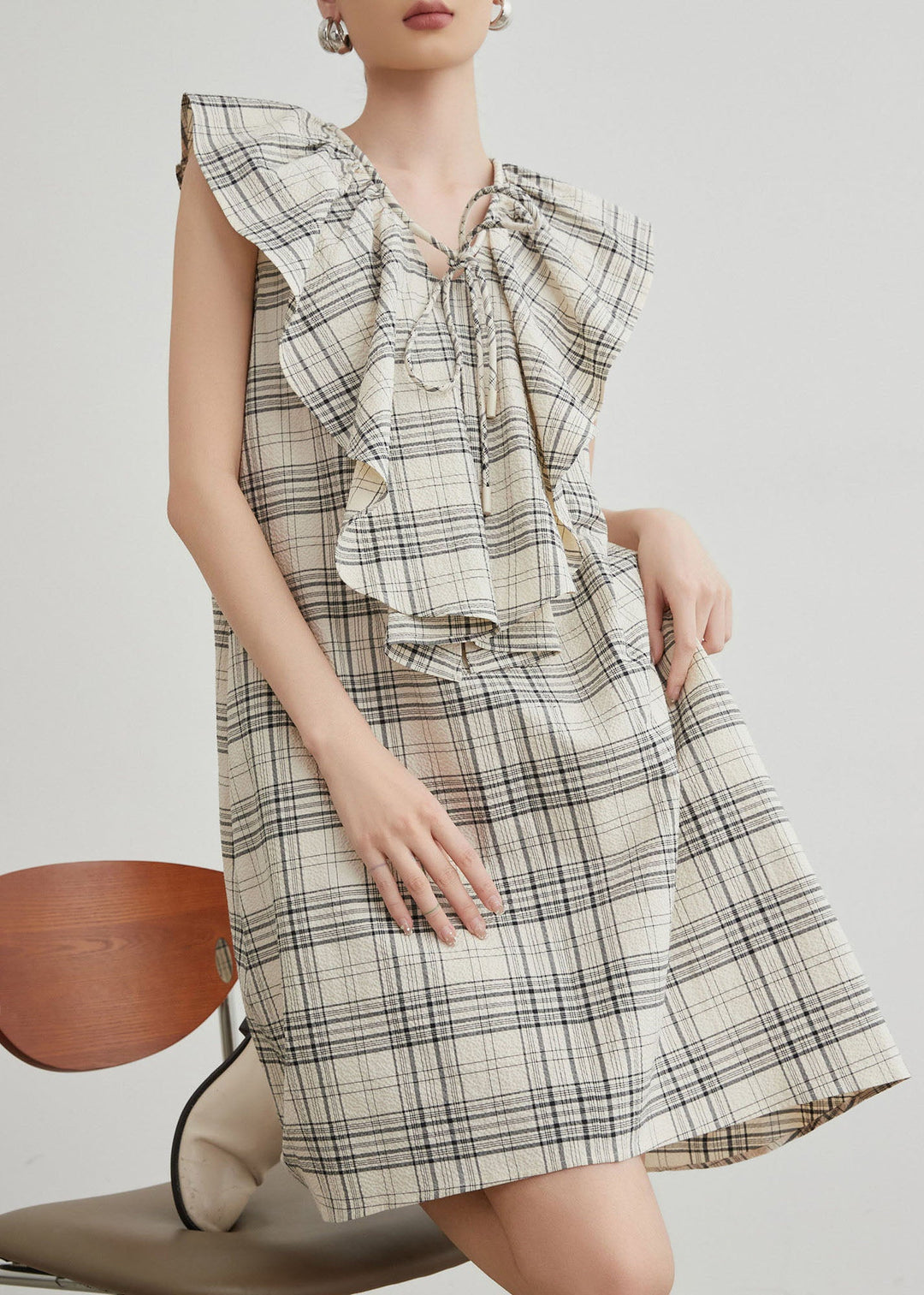 Casual Apricot Ruffled Plaid Cotton Mid Dresses Summer