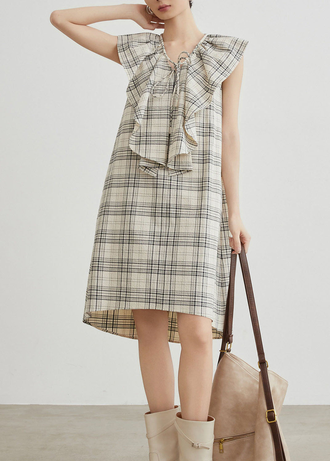 Casual Apricot Ruffled Plaid Cotton Mid Dresses Summer