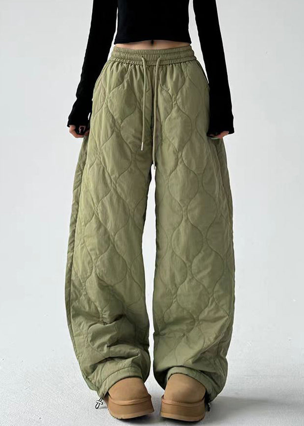 Casual Army Green Pockets Elastic Waist Cotton Filled Pants Winter