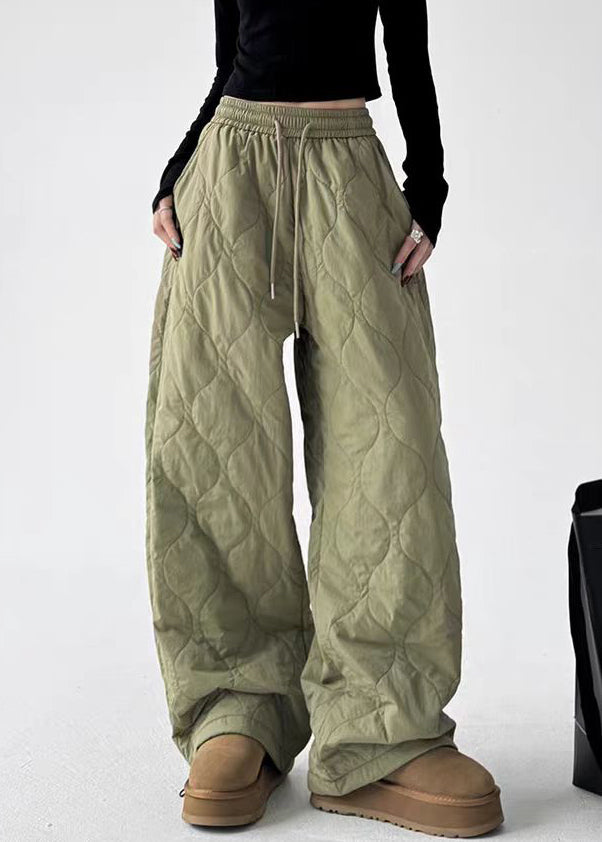 Casual Army Green Pockets Elastic Waist Cotton Filled Pants Winter