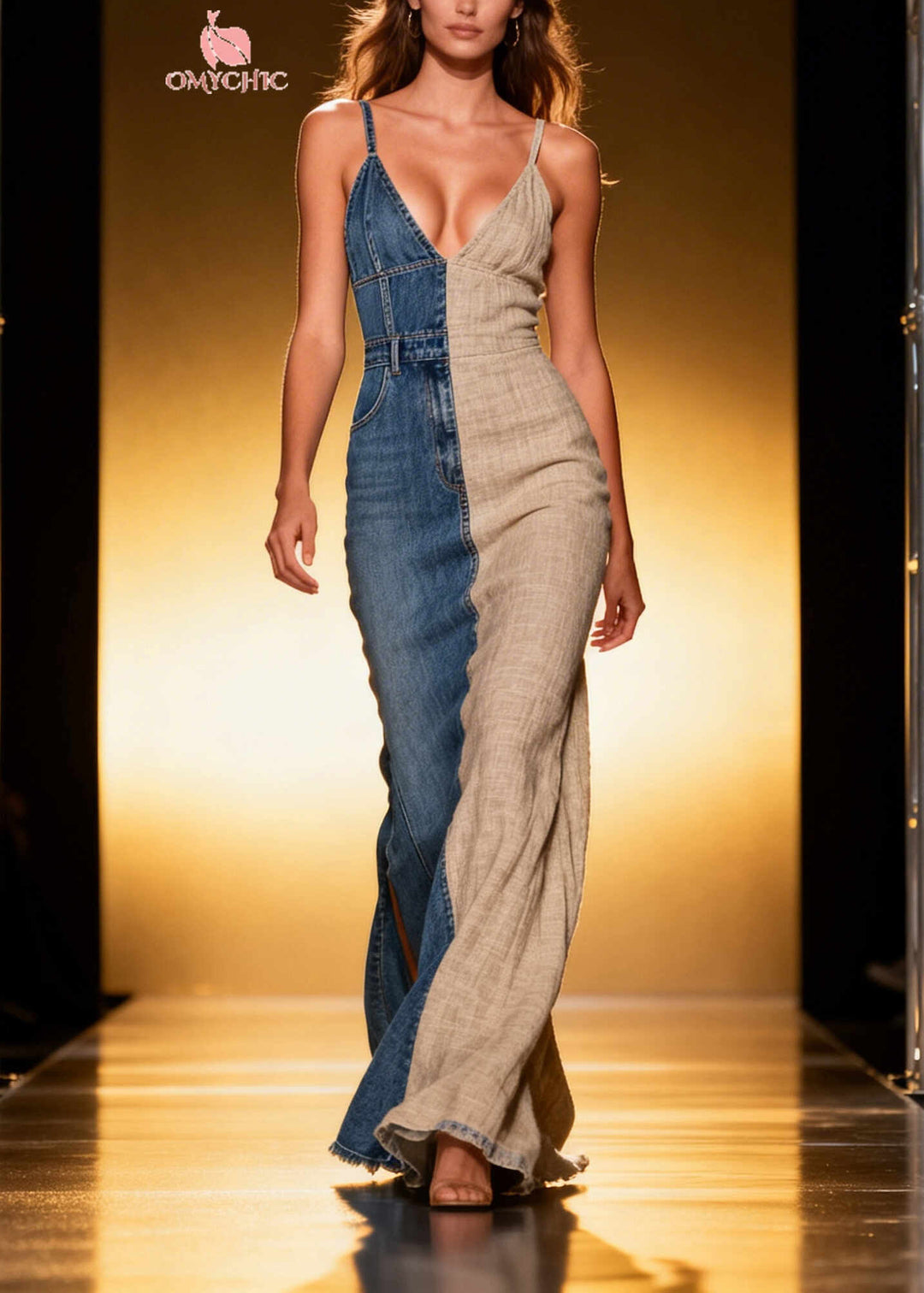 Casual Asymmetrical Denim Patchwork Linen Sundress Summer