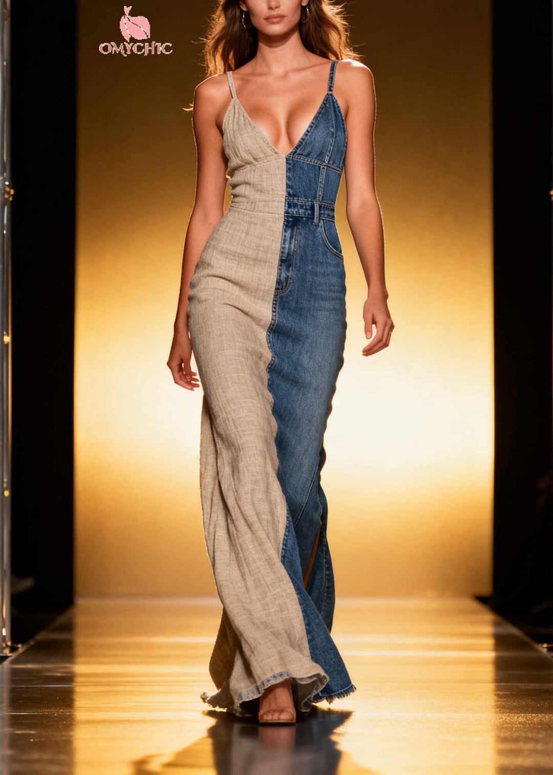 Casual Asymmetrical Denim Patchwork Linen Sundress Summer