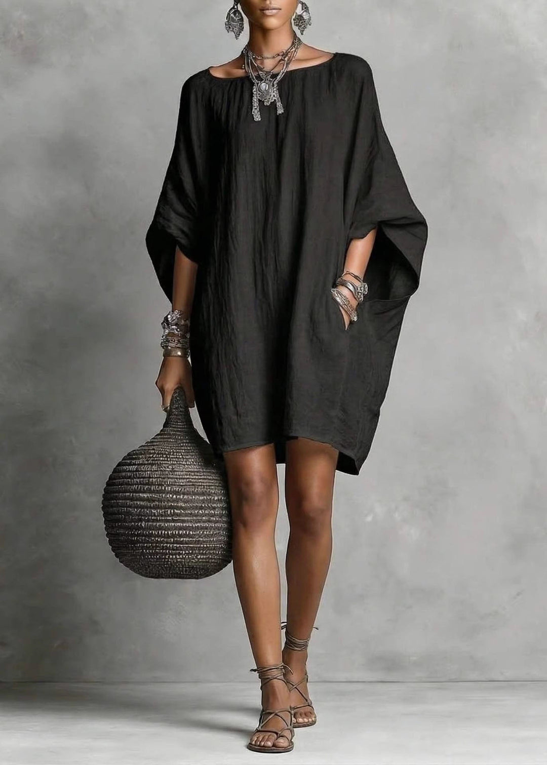 Casual Baby Blue Oversized Cotton Mid Dress Batwing Sleeve