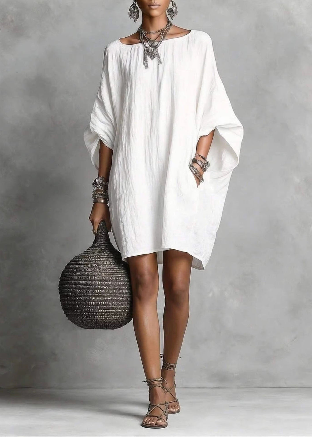 Casual Baby Blue Oversized Cotton Mid Dress Batwing Sleeve