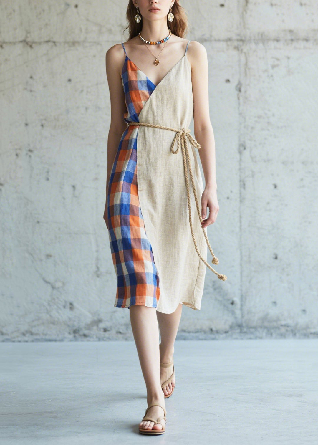 Casual Beige Asymmetrical Patchwork Linen Cami Dresses Summer
