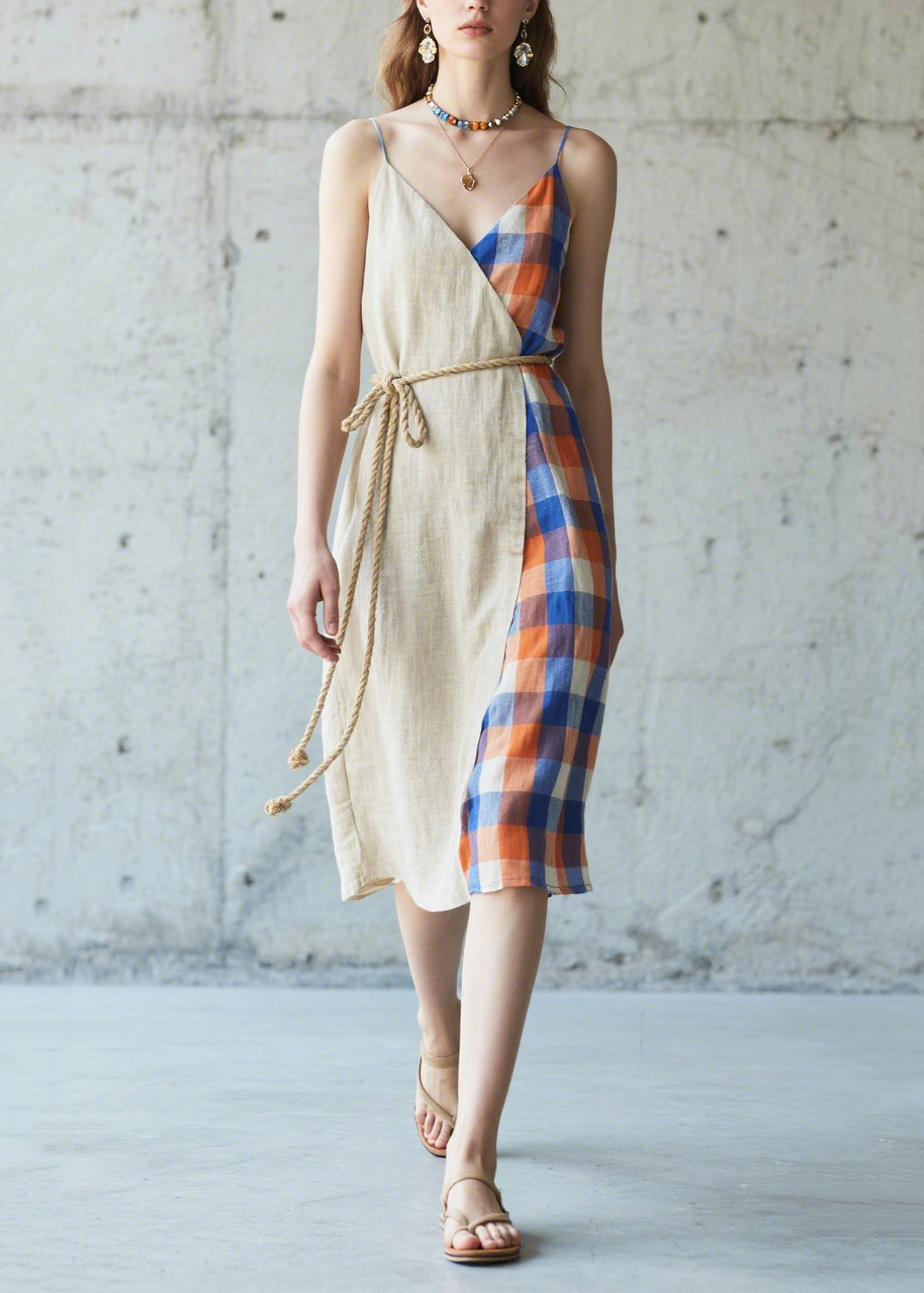 Casual Beige Asymmetrical Patchwork Linen Cami Dresses Summer