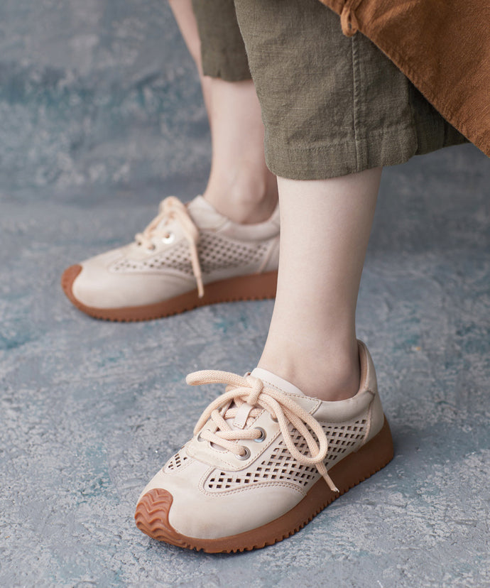 Casual Beige Cowhide Leather Flats Hollow Out Lace Up Flat Feet Shoes