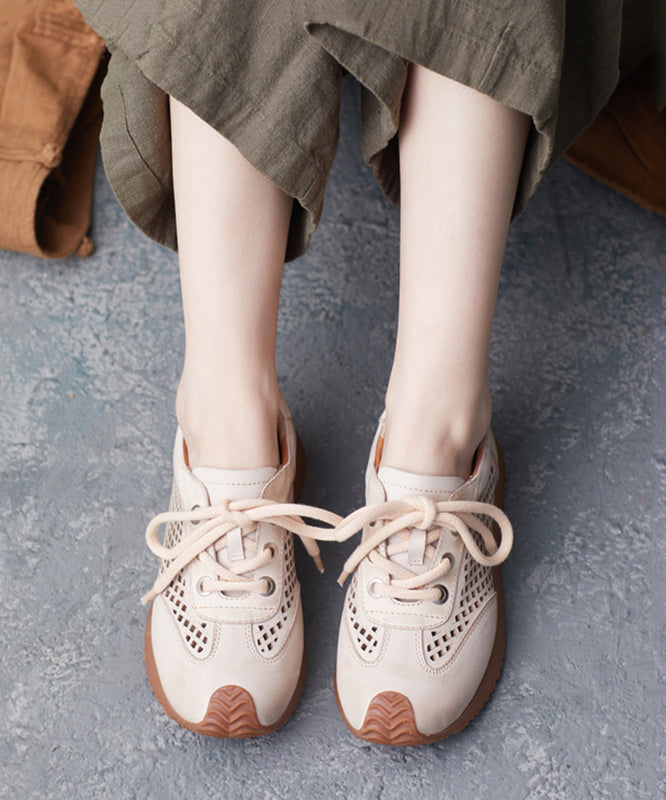 Casual Beige Cowhide Leather Flats Hollow Out Lace Up Flat Feet Shoes