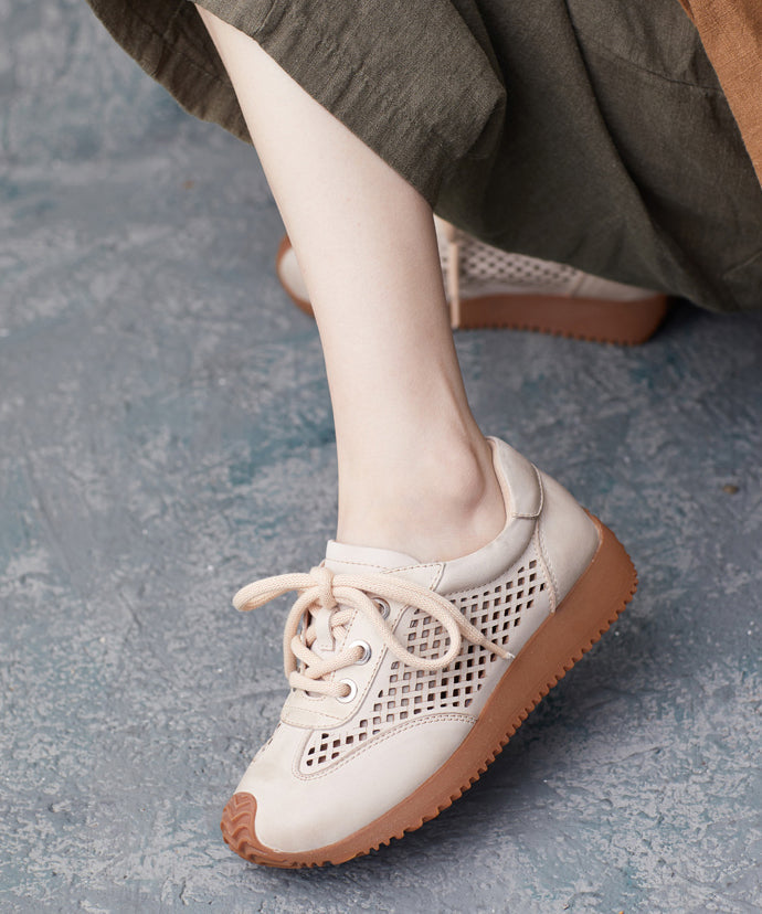 Casual Beige Cowhide Leather Flats Hollow Out Lace Up Flat Feet Shoes