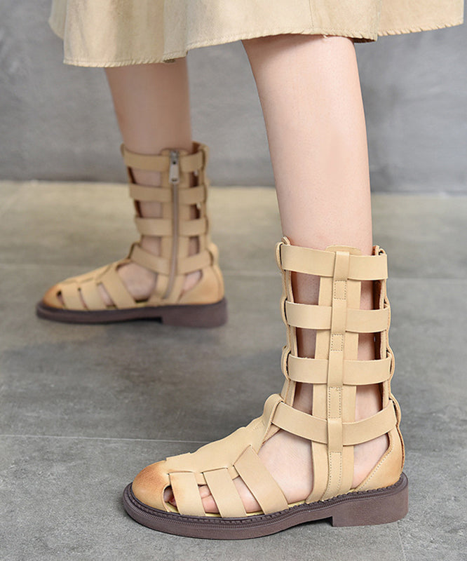 Casual Beige Cowhide Leather Splicing Cross Strap Boots
