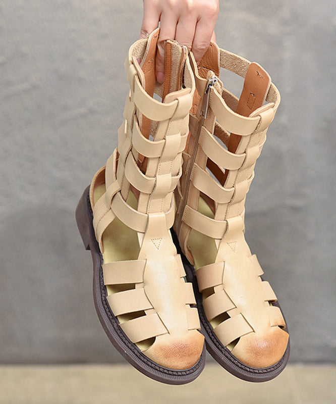 Casual Beige Cowhide Leather Splicing Cross Strap Boots