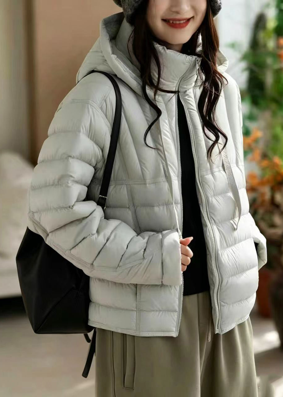Casual Beige Hooded Drawstring Stand Collar Cotton Filled Puffers Jackets Winter