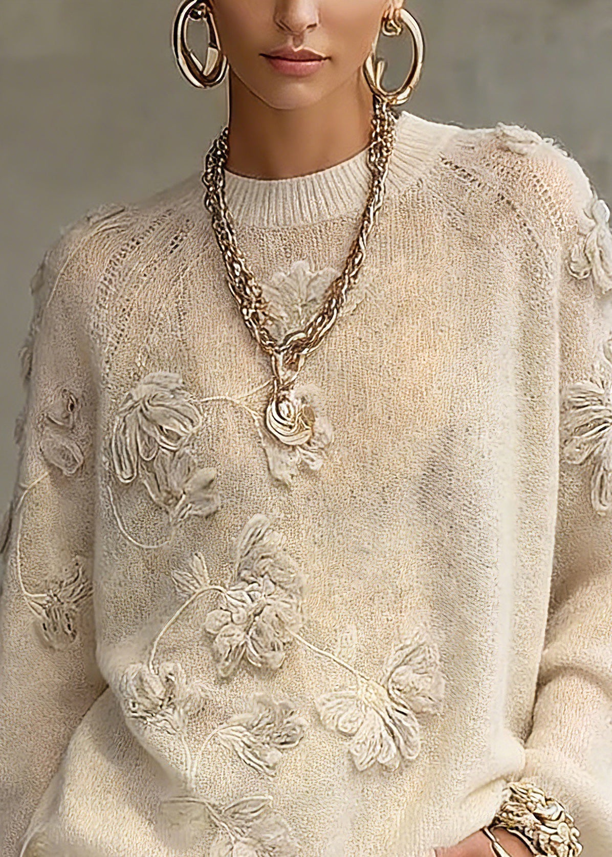 Casual Beige O-Neck Embroidered Cotton Knit Sweaters Spring - Omychic