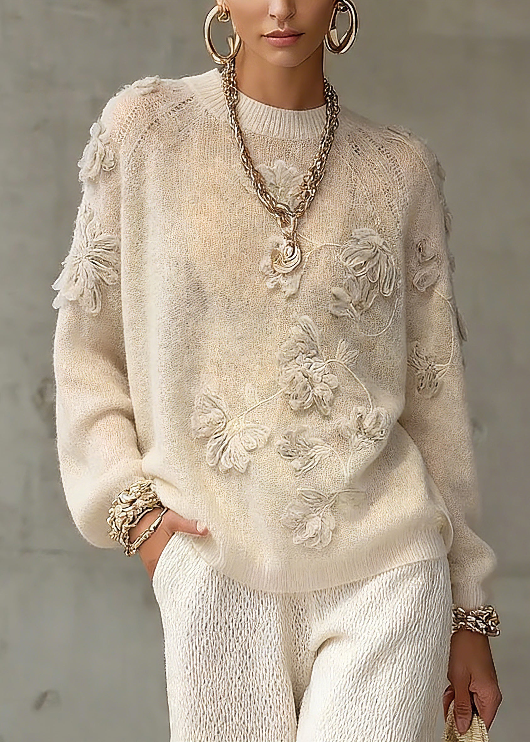 Casual Beige O-Neck Embroidered Cotton Knit Sweaters Spring - Omychic