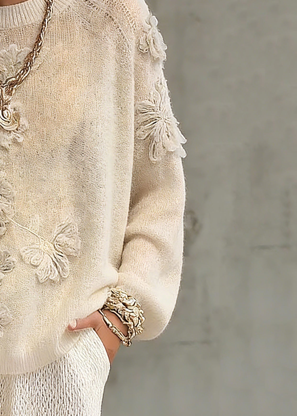 Casual Beige O-Neck Embroidered Cotton Knit Sweaters Spring - Omychic