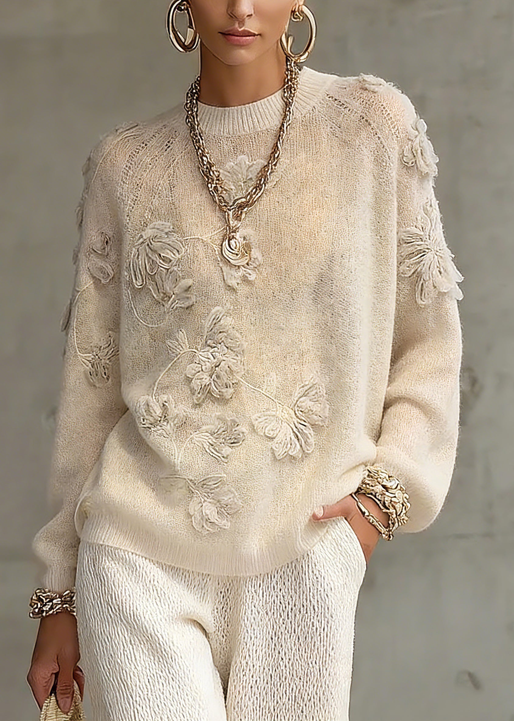 Casual Beige O-Neck Embroidered Cotton Knit Sweaters Spring - Omychic