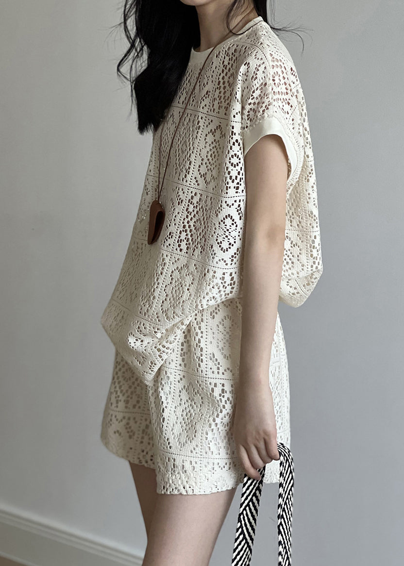Casual Beige O-Neck Hollow Out Top And Shorts Two Pieces Set Summer