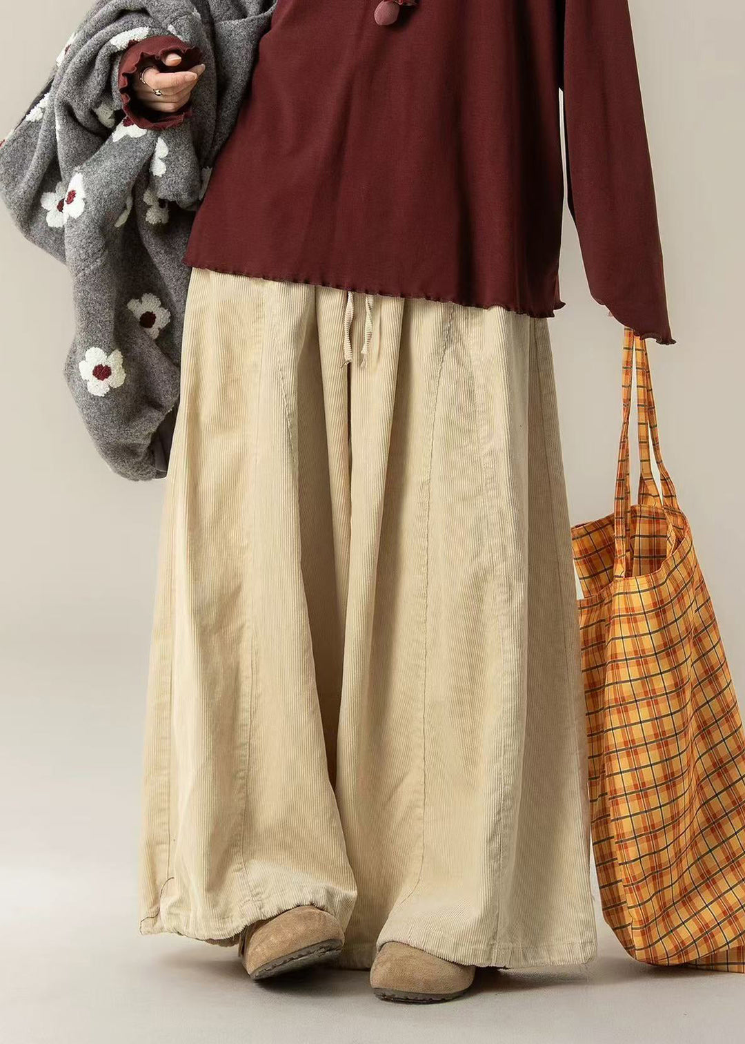 Casual Beige Oversized Corduroy Wide Leg Pants Spring