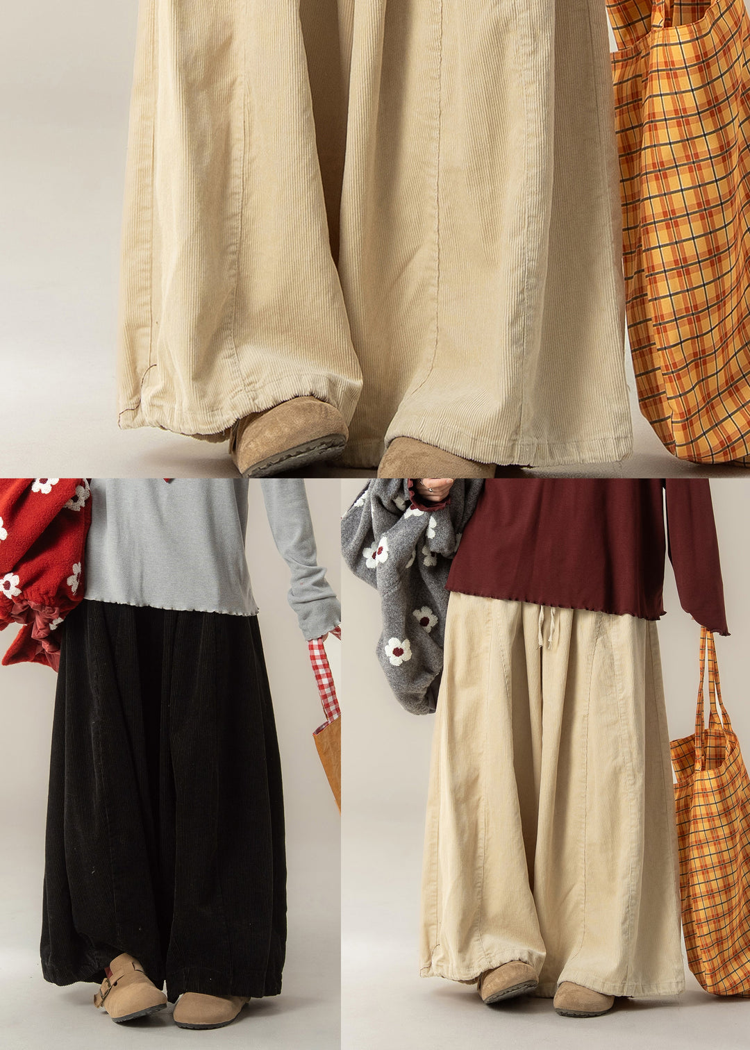 Casual Beige Oversized Corduroy Wide Leg Pants Spring