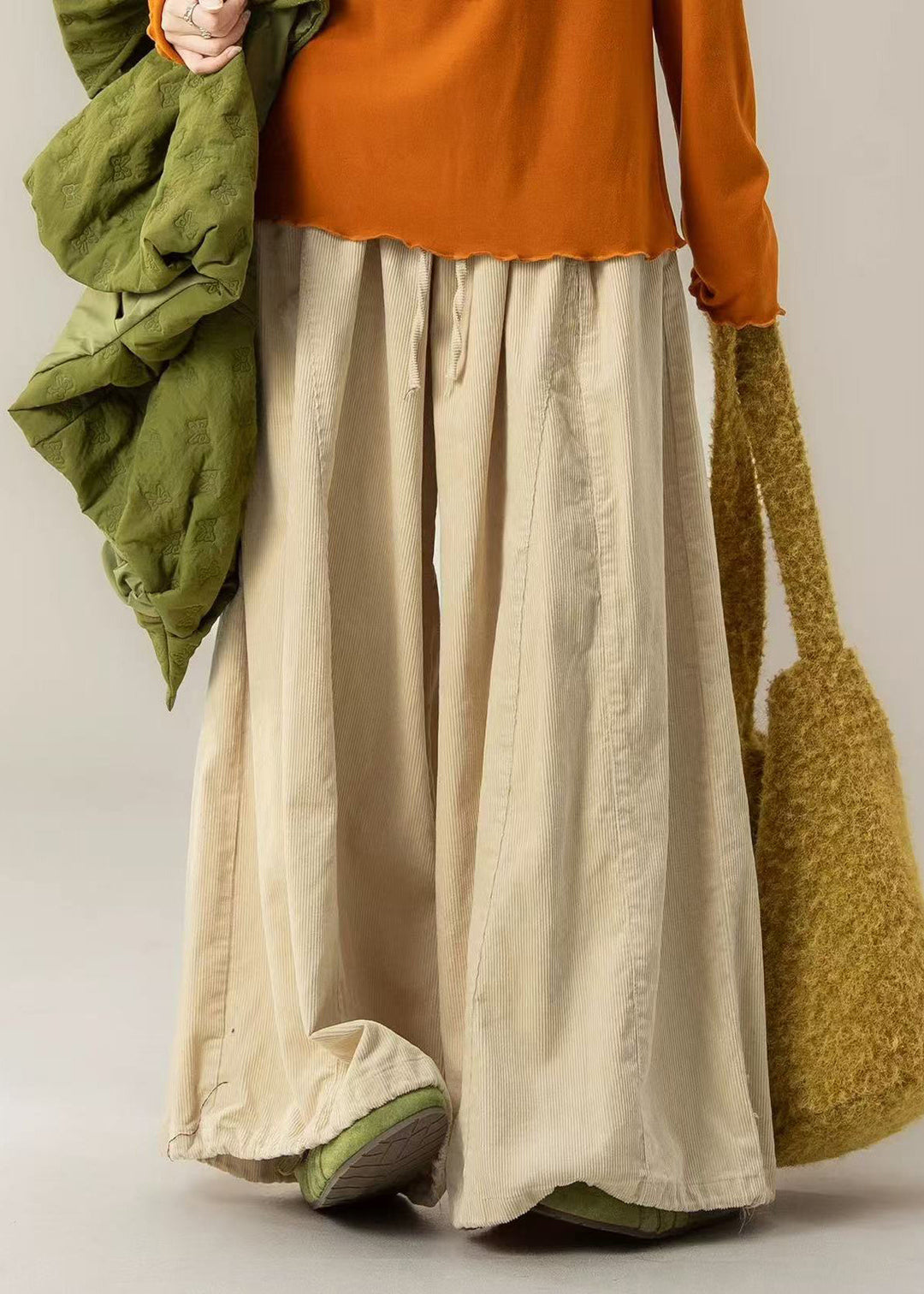 Casual Beige Oversized Corduroy Wide Leg Pants Trousers Spring