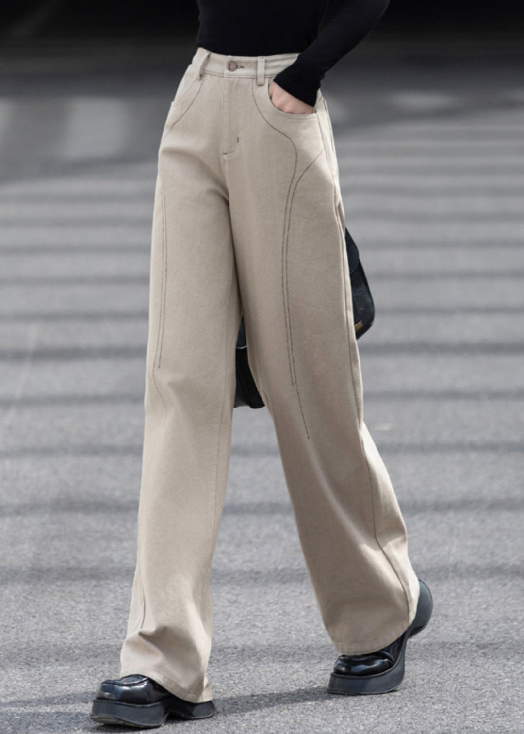 Casual Beige Oversized Pockets Cotton Pants Spring