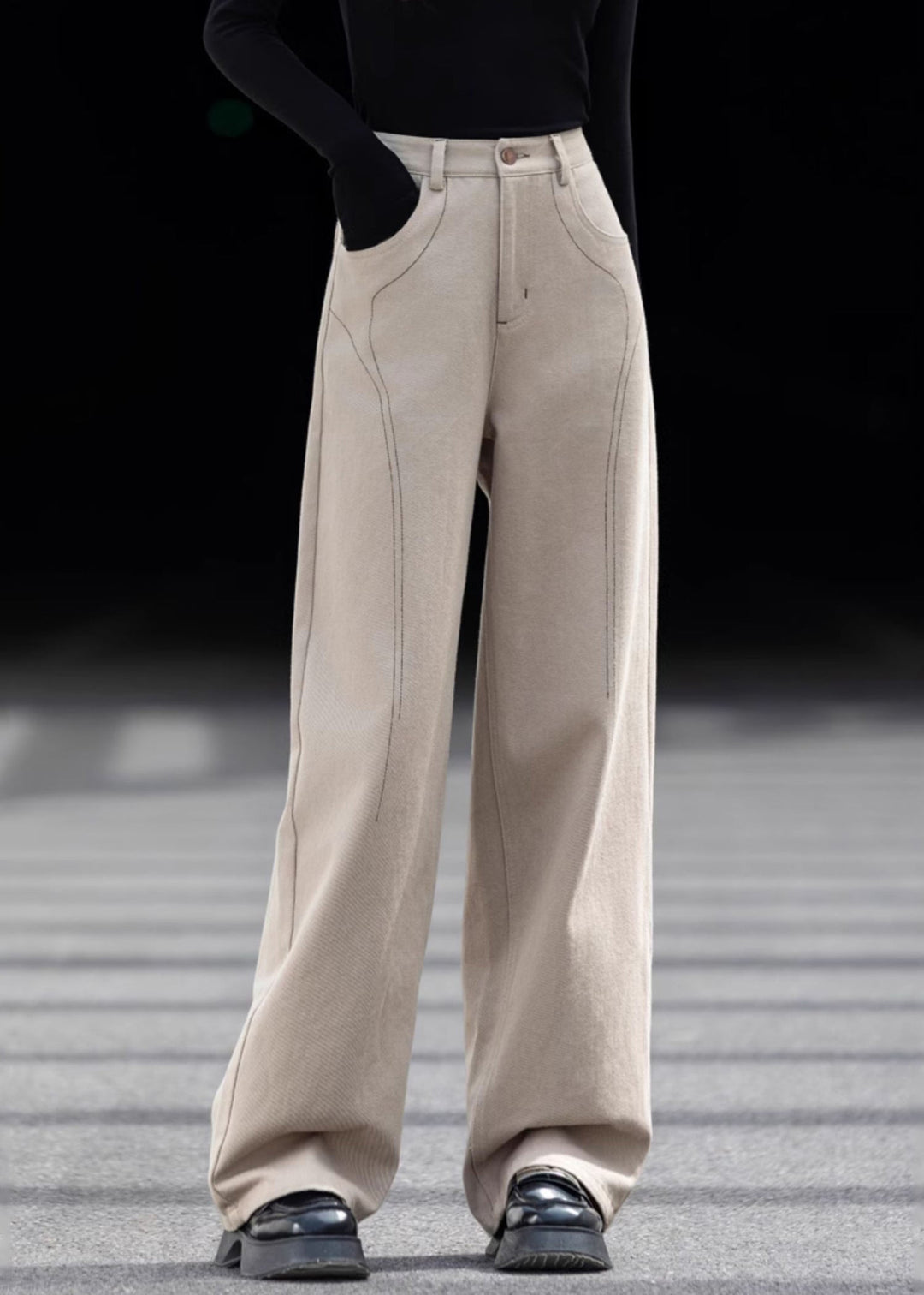 Casual Beige Oversized Pockets Cotton Pants Spring