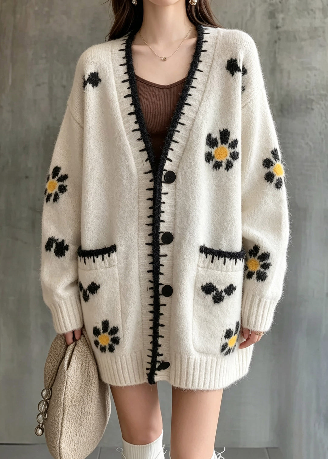 Casual Beige Patchwork Button Cotton Knit Cardigan Long Sleeve