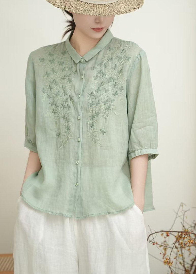 Casual Beige Peter Pan Collar Embroidered Linen Blouses Summer