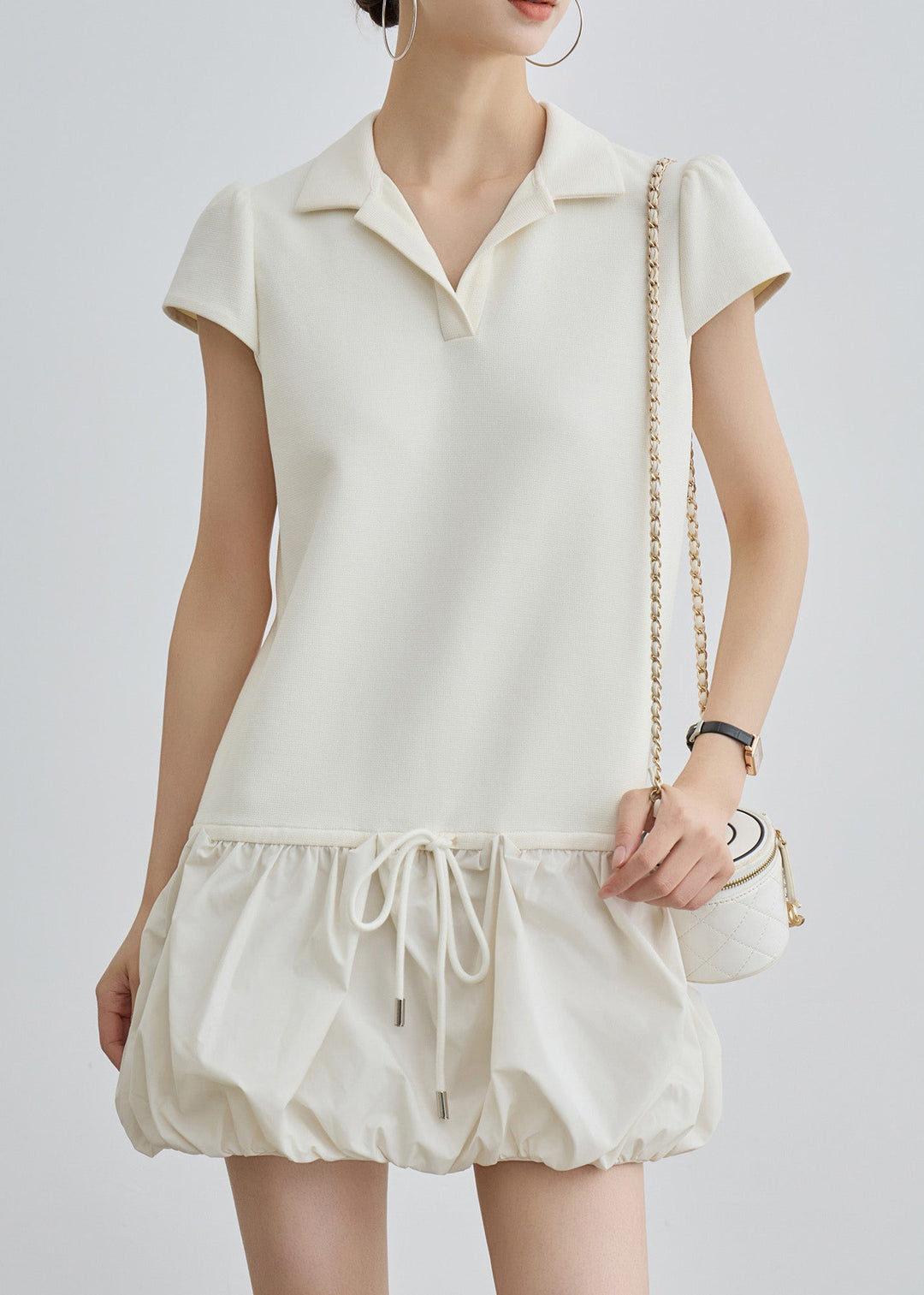 Casual Beige Peter Pan Collar Lace Up Cotton T Shirts Dress Summer