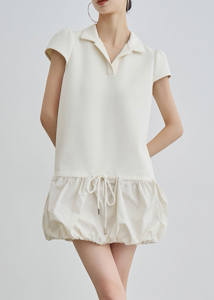 Casual Beige Peter Pan Collar Lace Up Cotton T Shirts Dress Summer