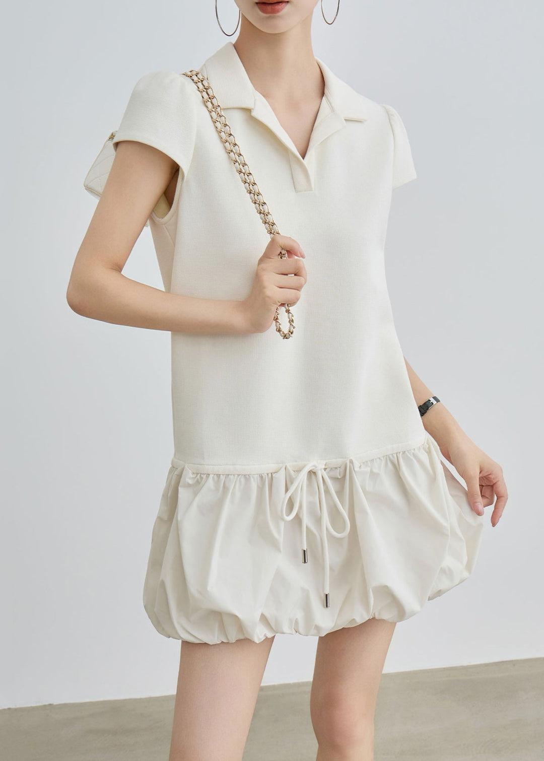 Casual Beige Peter Pan Collar Lace Up Cotton T Shirts Dress Summer
