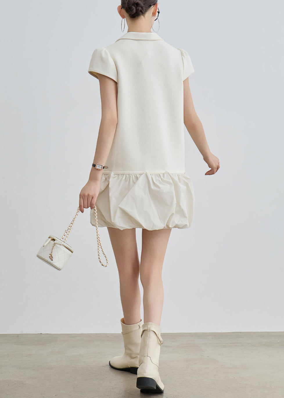 Casual Beige Peter Pan Collar Lace Up Cotton T Shirts Dress Summer