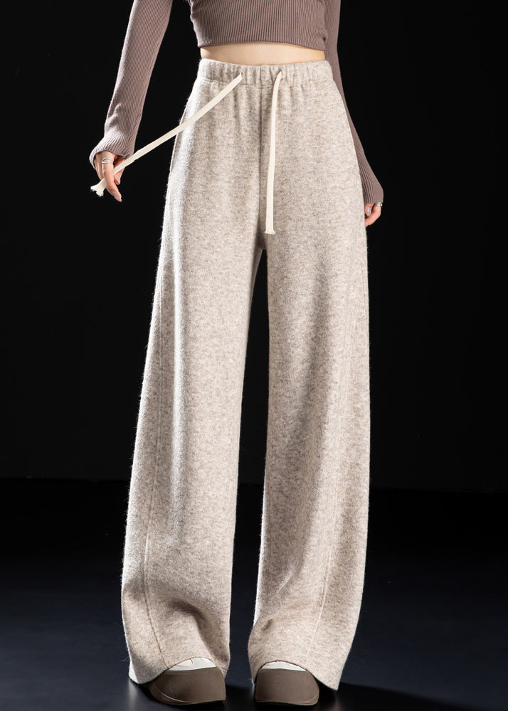 Casual Beige Pockets Drawstring Woolen Pants Spring