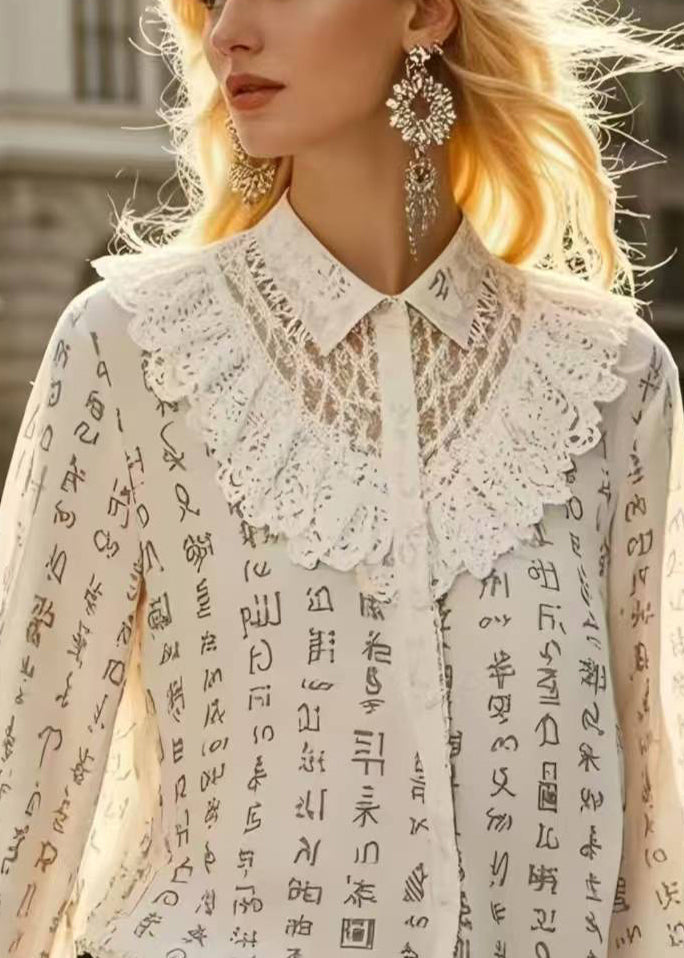 Casual Beige Print Patchwork Lace Hollow Out Shirts Spring