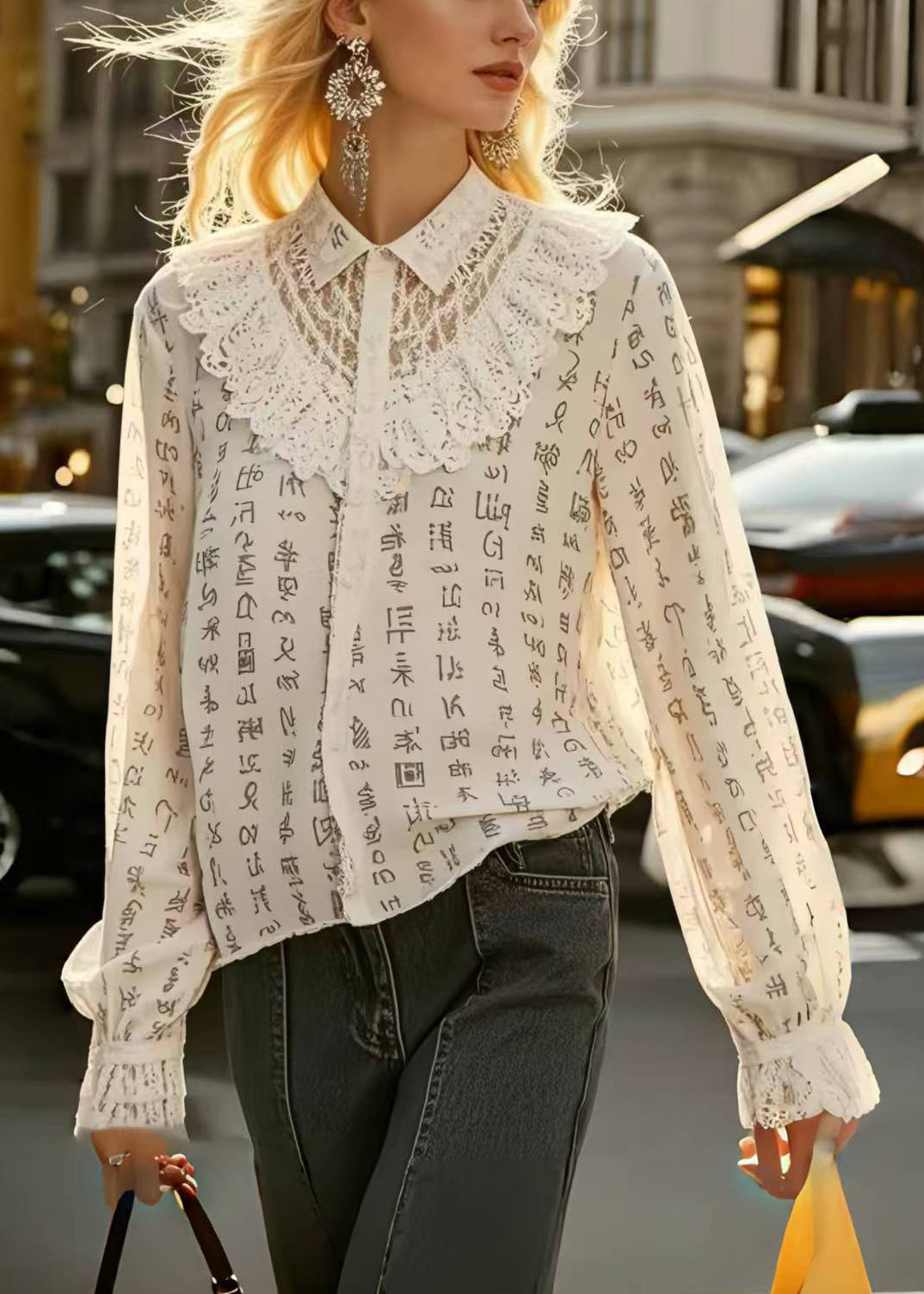 Casual Beige Print Patchwork Lace Hollow Out Shirts Spring